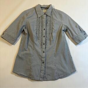 Fossil Size M Blue And White Pinstripe Short Sleeve Blouse‎